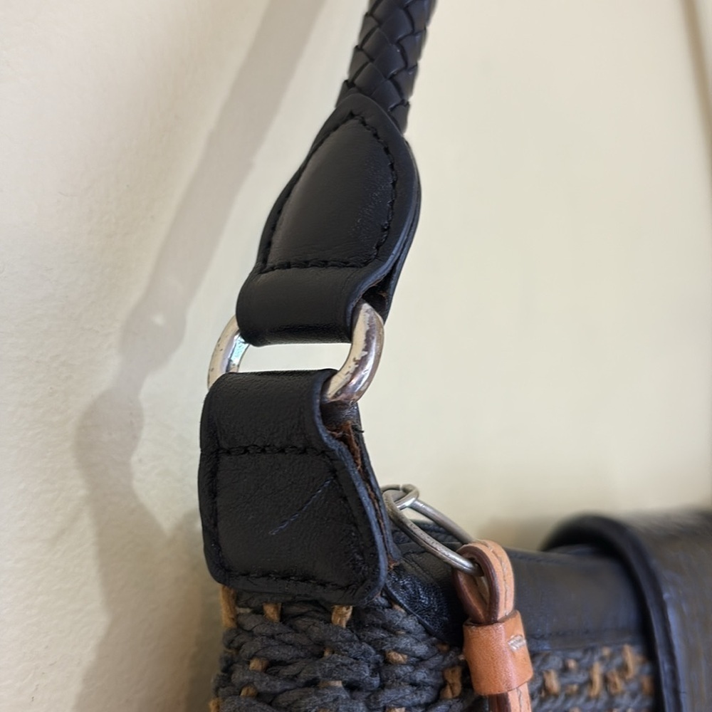 Brighton | Black Brown Woven Leather Trim Zip Top Magnetic Flap Shoulder Bag - Picture 7 of 13
